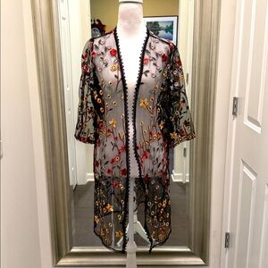 Vivid Floral Embroidered Black Mesh Duster / Kimono w/ Lace Trim Medium